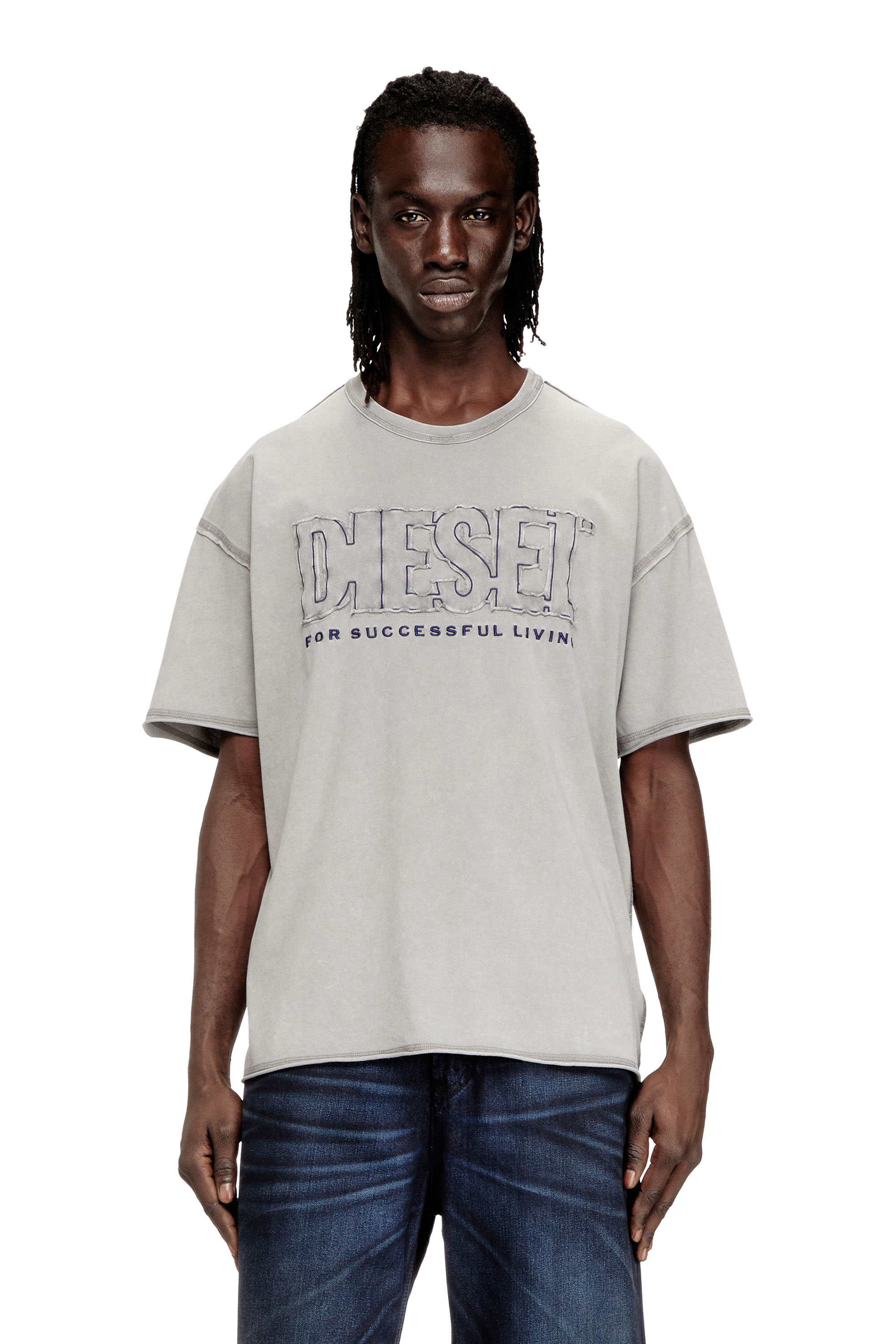 Diesel - T-RAWBOXT, Man's T-shirt with appliqu&eacute; logo and raw edge in Light Grey - 1