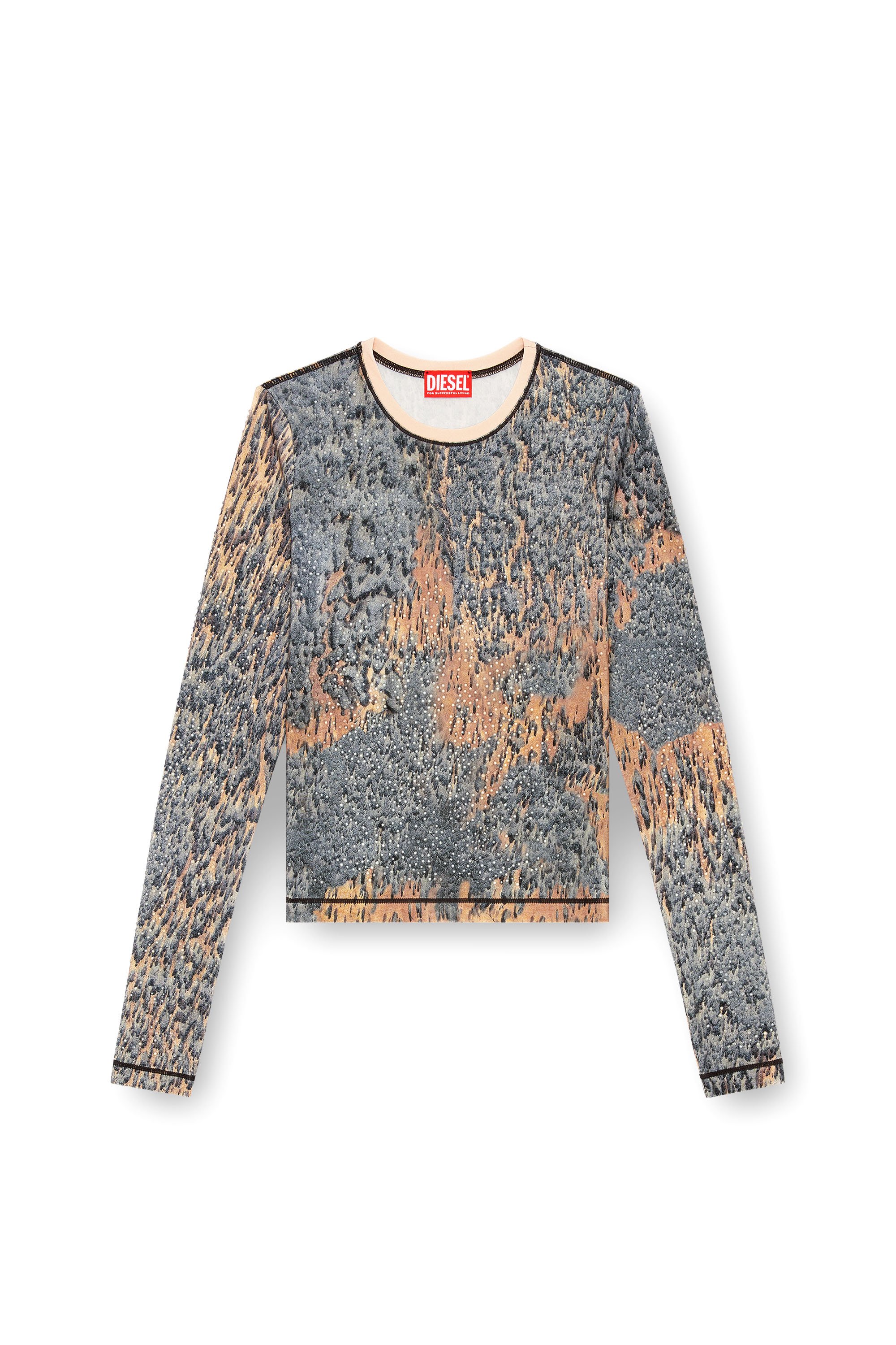 Diesel - T-CUTIE-LS, Woman's Top with crystals and Rain Camo print in Beige/Grey - 4