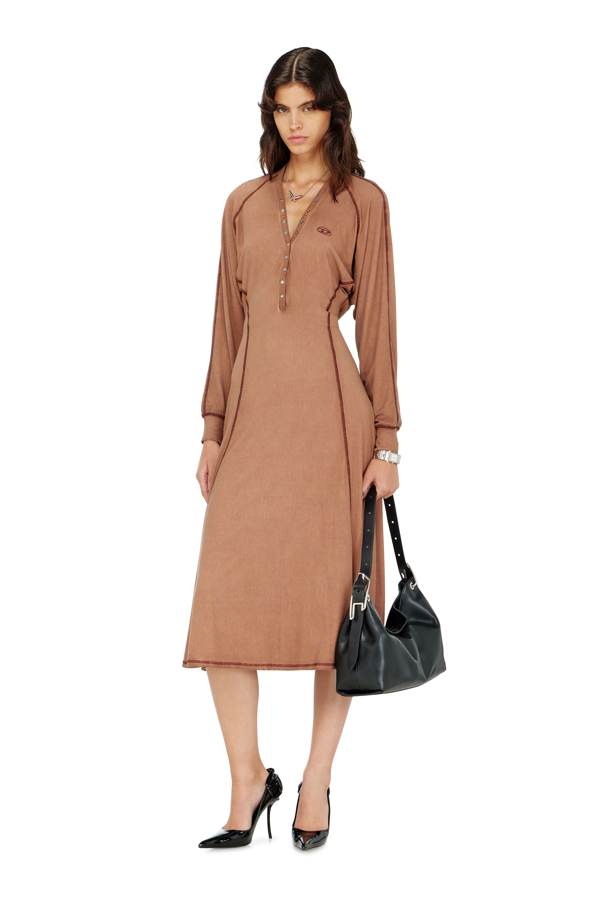 Diesel - D-ISERINA, Woman's Midi dress in ribbed jersey with batwing sleeves in Light Brown - 2