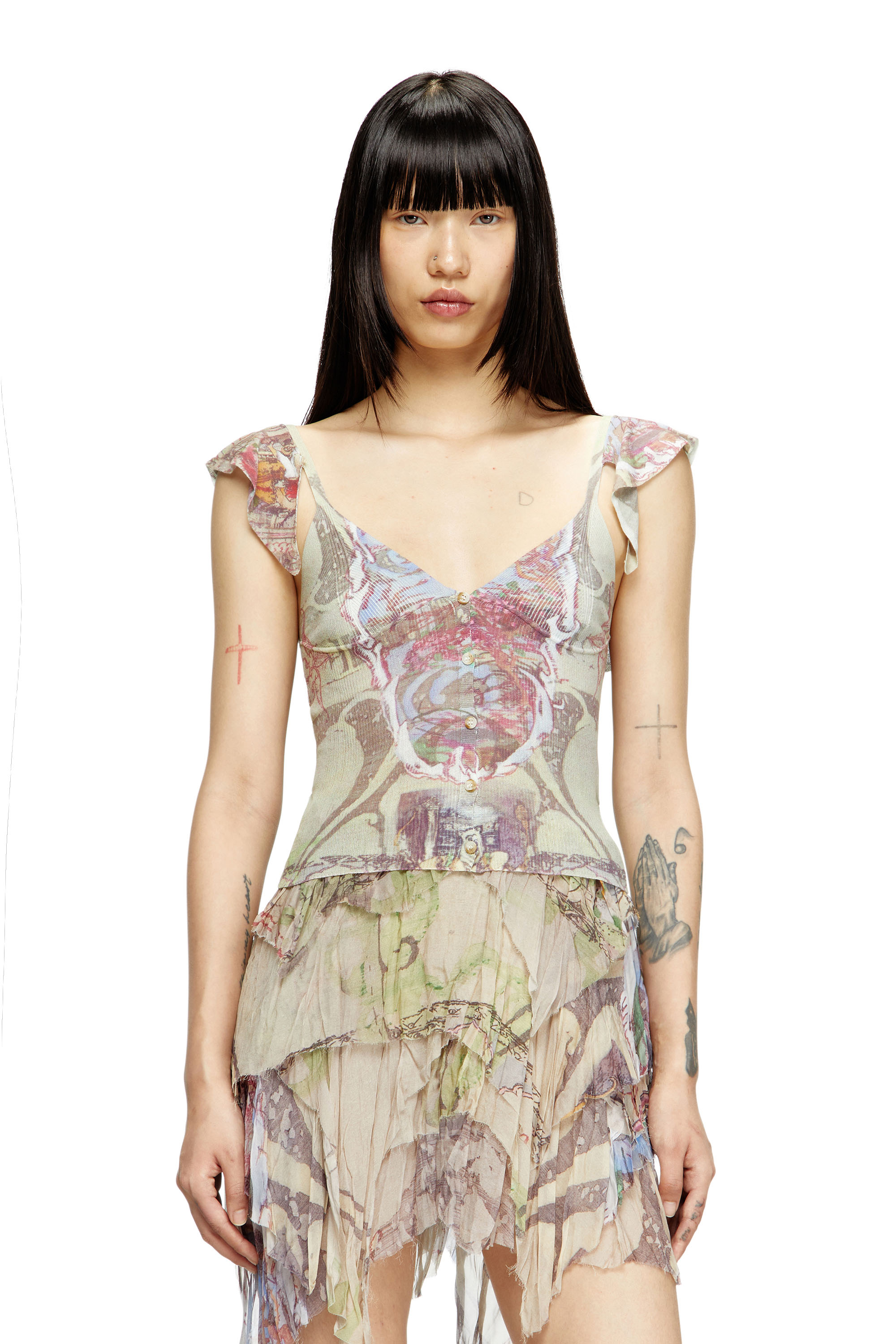 Diesel - M-FIORE, Woman's Ruffle-shoulder knit top with medieval print in Light Brown - 1