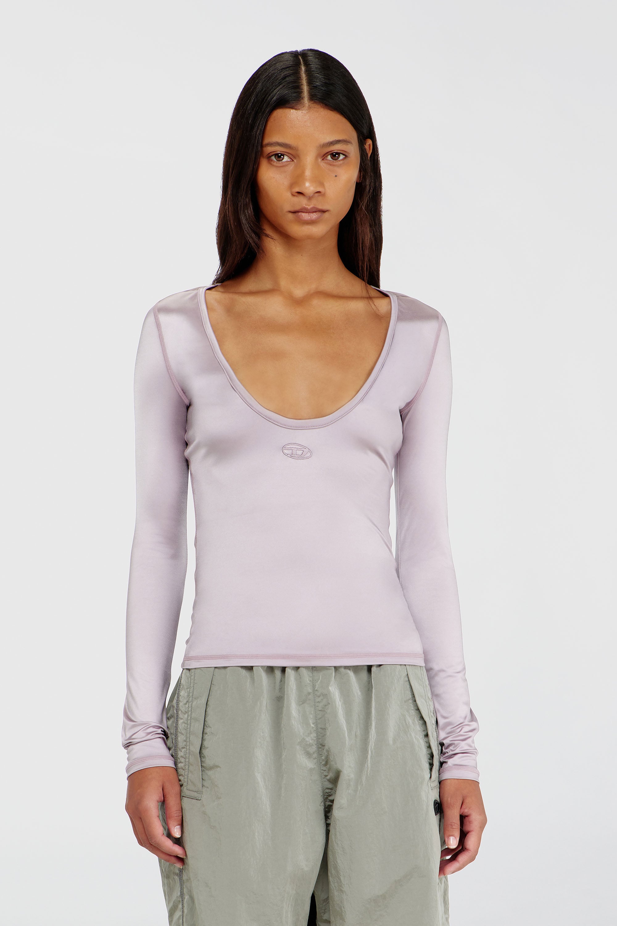 Diesel - T-ELPHIN-LS, Woman's Nylon slim top scoop neck with Logo Oval D embroidery in Lilac - 1