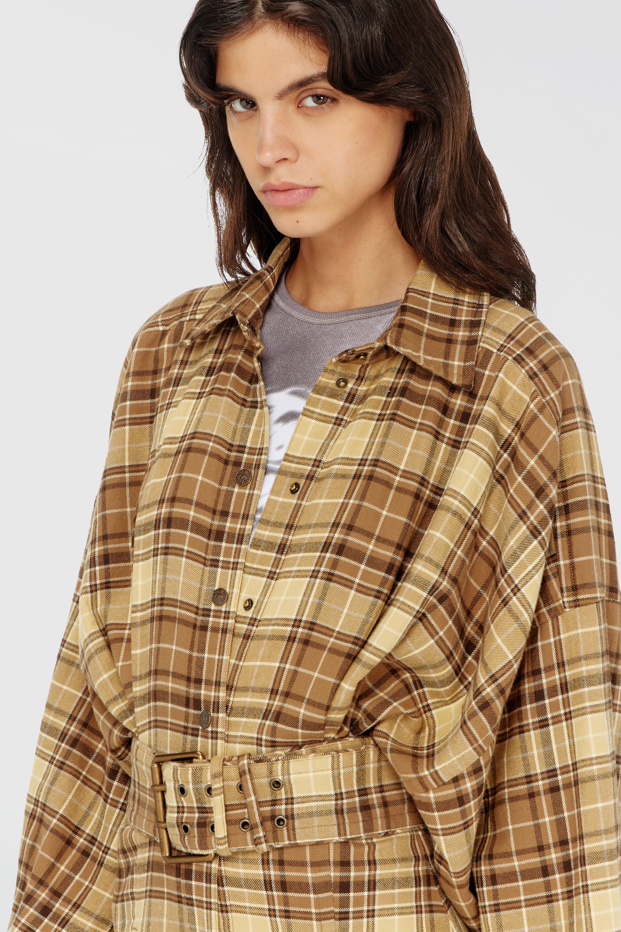 Diesel - D-EDALUS, Woman's Midi dress in check flannel with wide belt in Brown/Yellow - 5