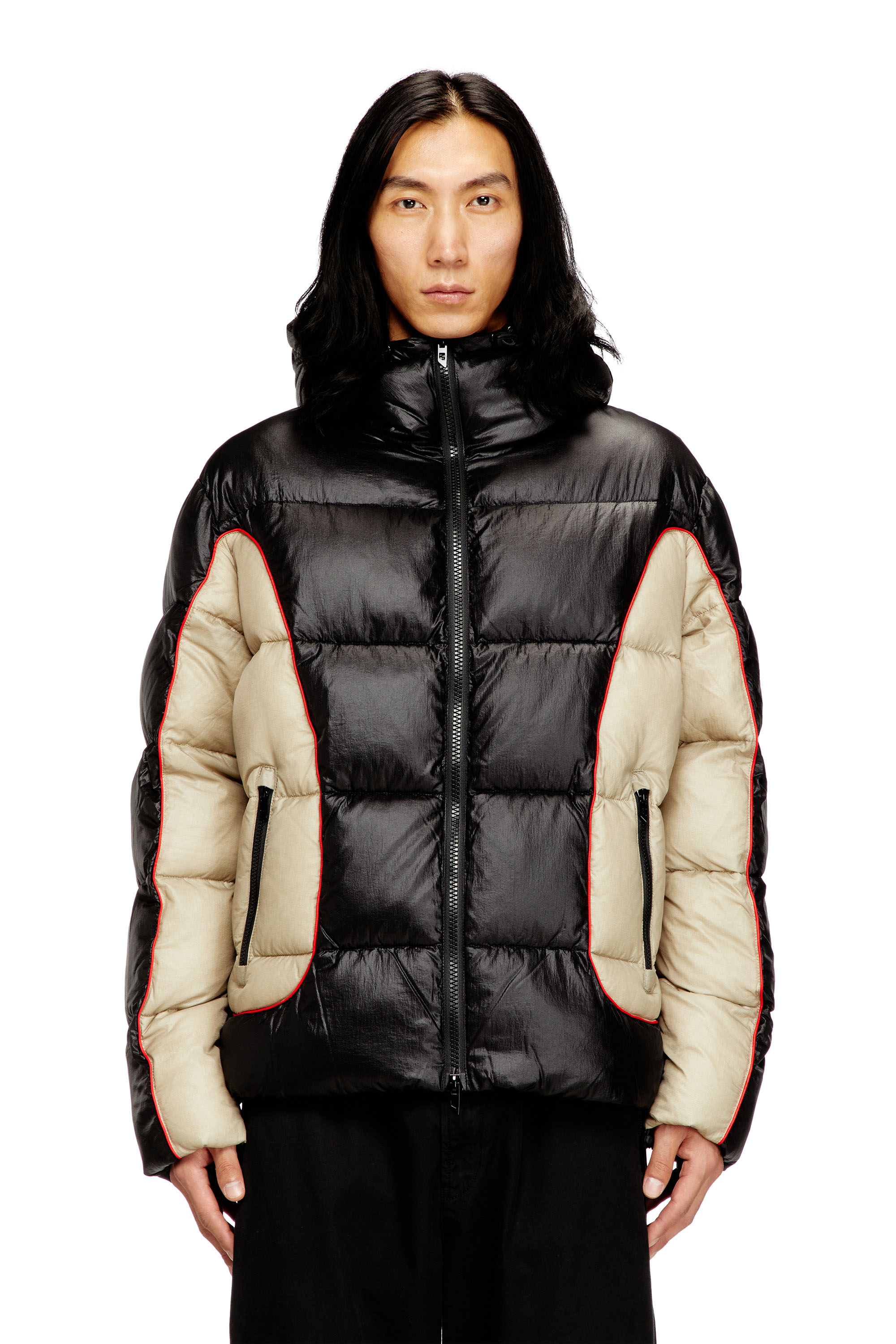 Diesel - W-OSTEND, Man's Hooded puffer jacket in shiny ripstop in Black/Beige - 1