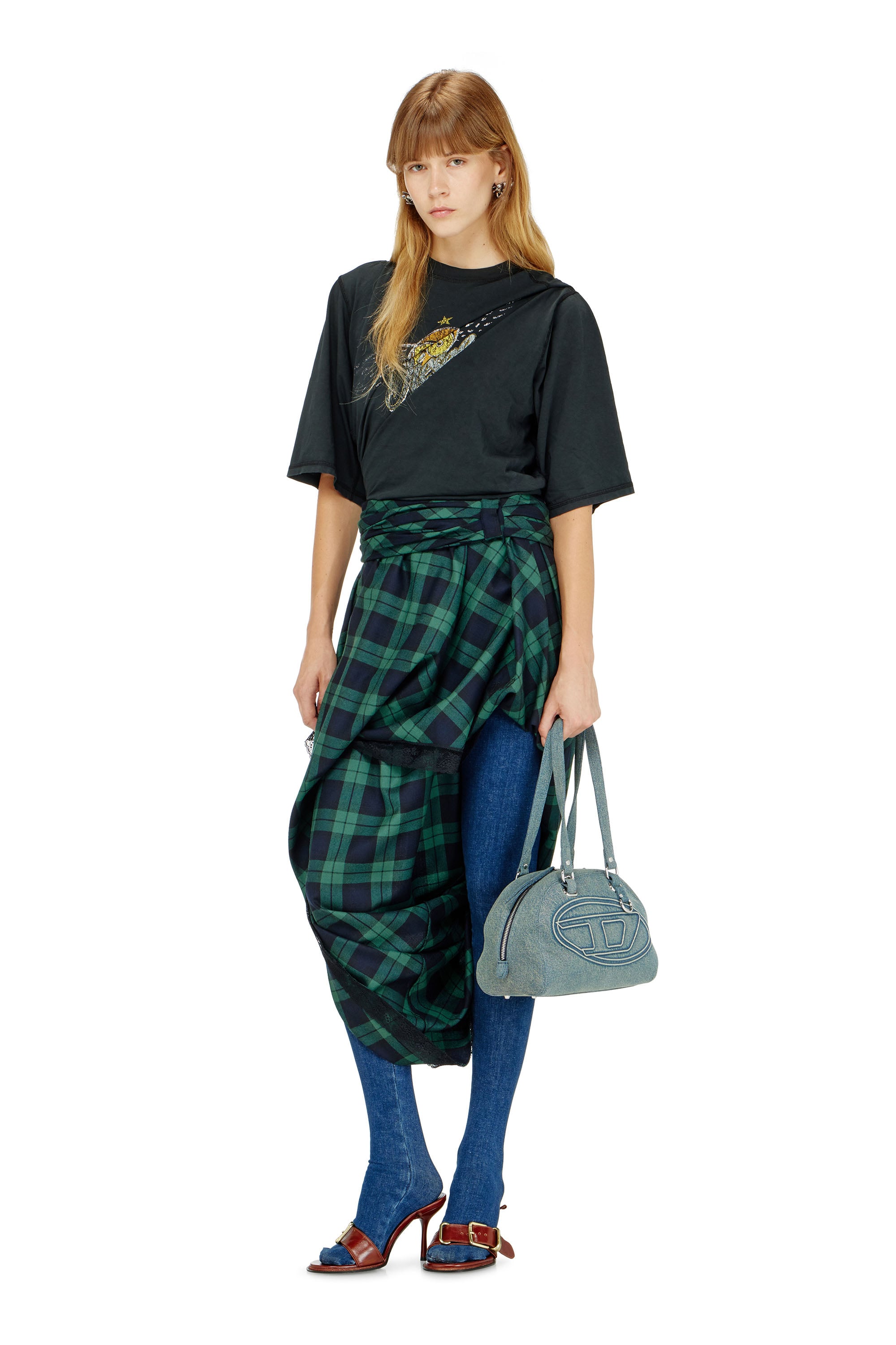 Diesel - O-WINNY, Woman's Draped tartan midi skirt with lace trim in Green/Blue - 1