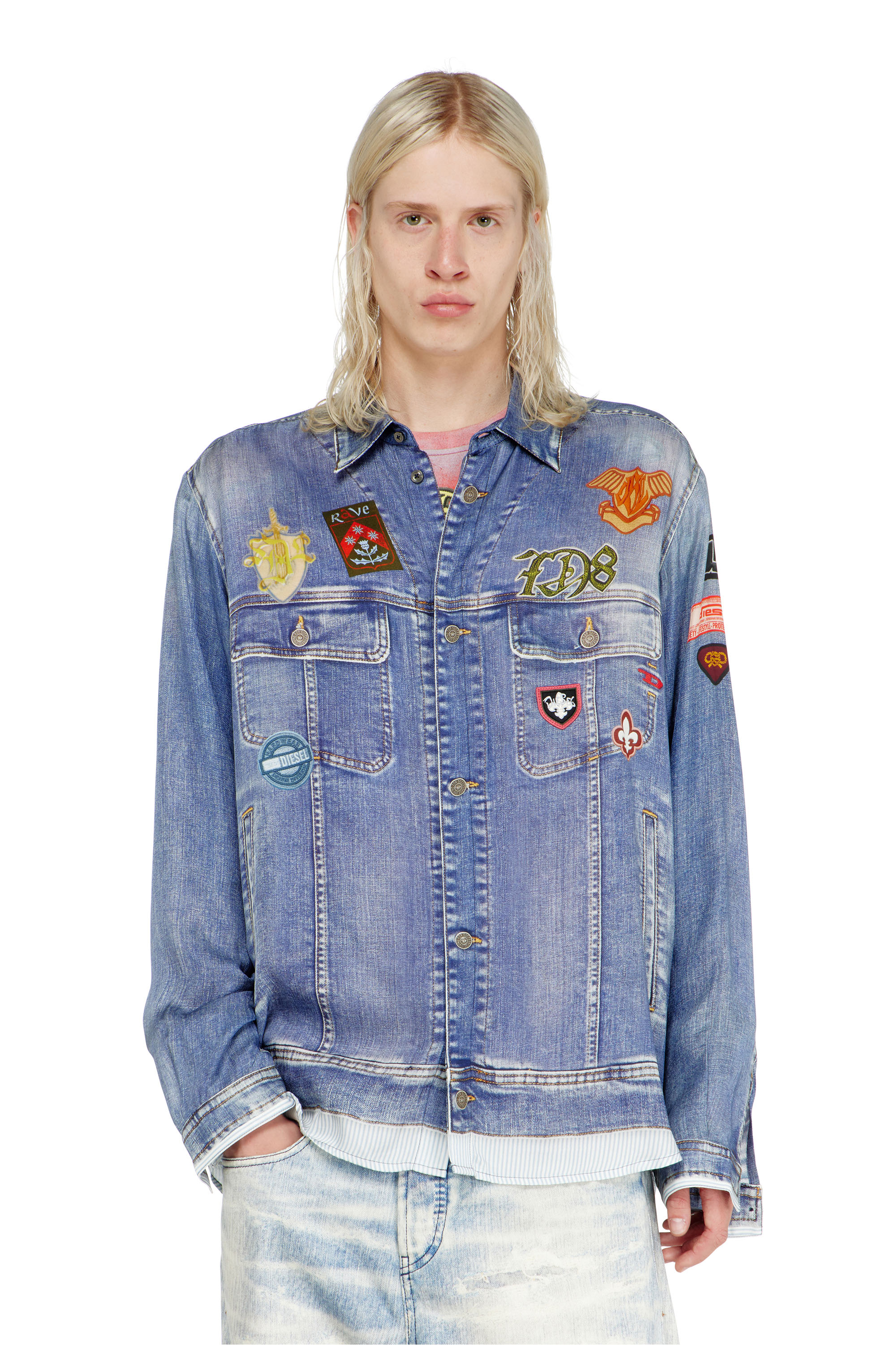 Diesel - S-SIMPLY-PATCH, Man's Satin shirt with trompe-l'oeil denim print in Medium blue - 1