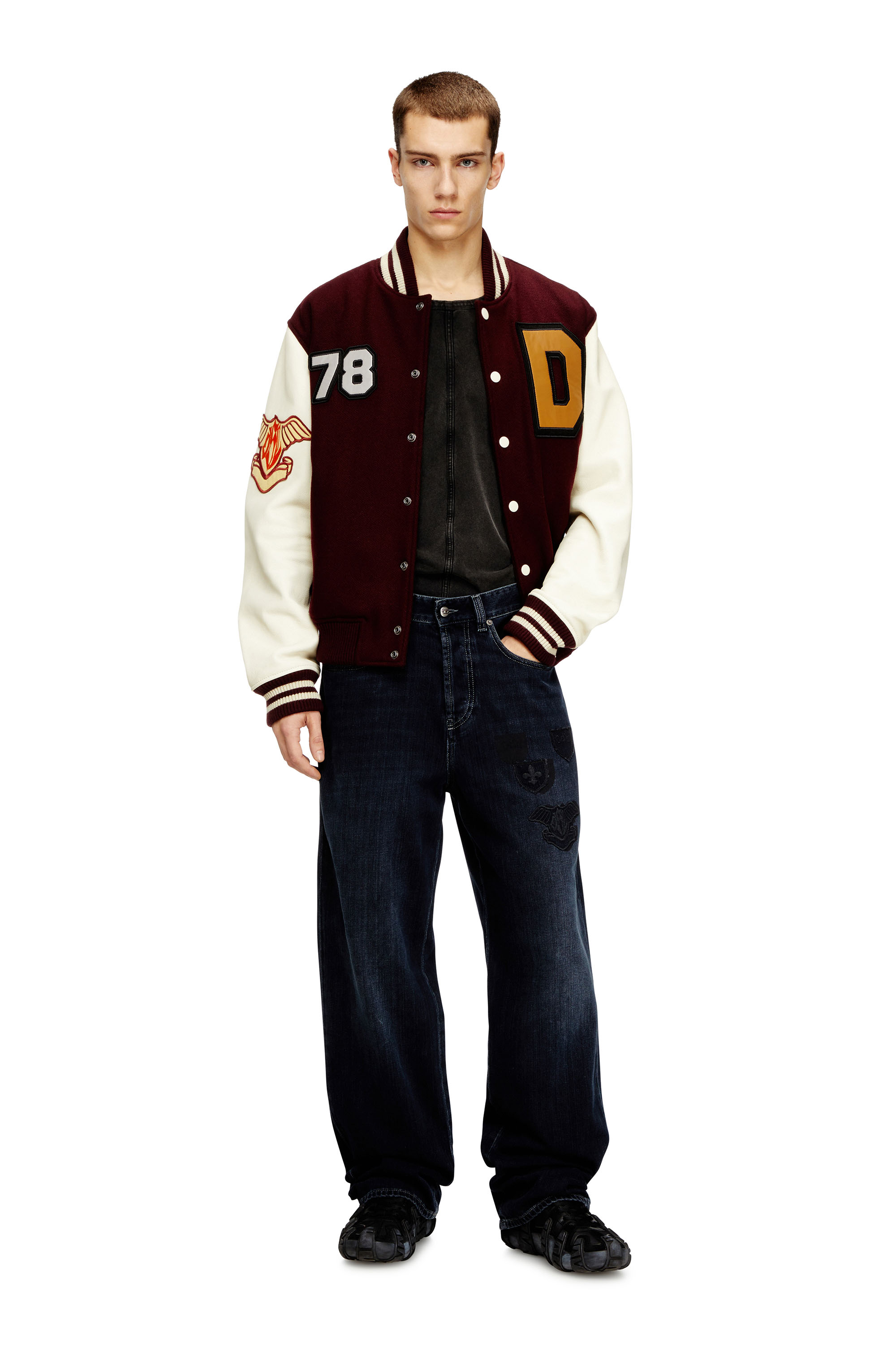 Diesel - L-ARRY-CP, Man's Cropped varsity jacket in wool and leather in Red/White - 2
