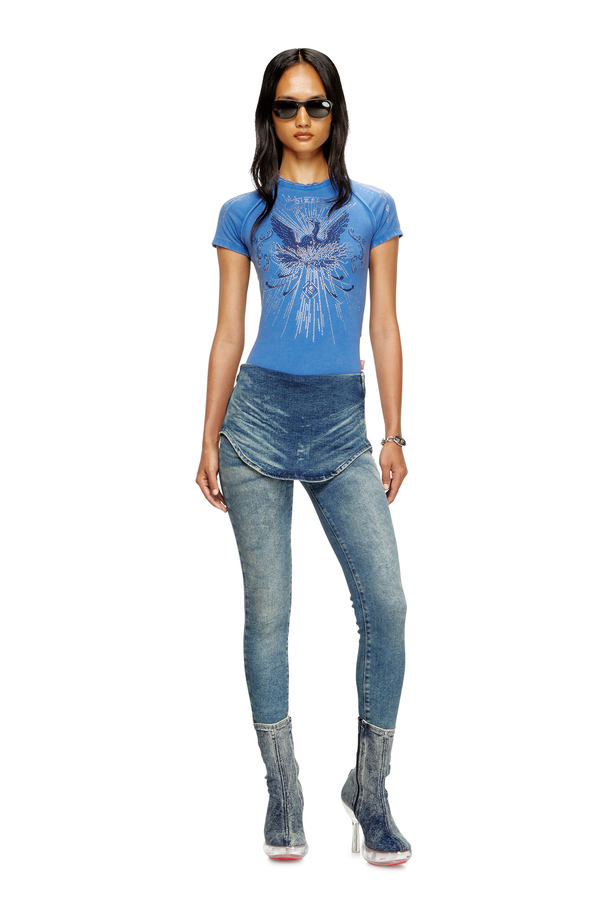 Diesel - T-ROWEENA, Woman's Phoenix T-shirt with rhinestones in Blue - 1