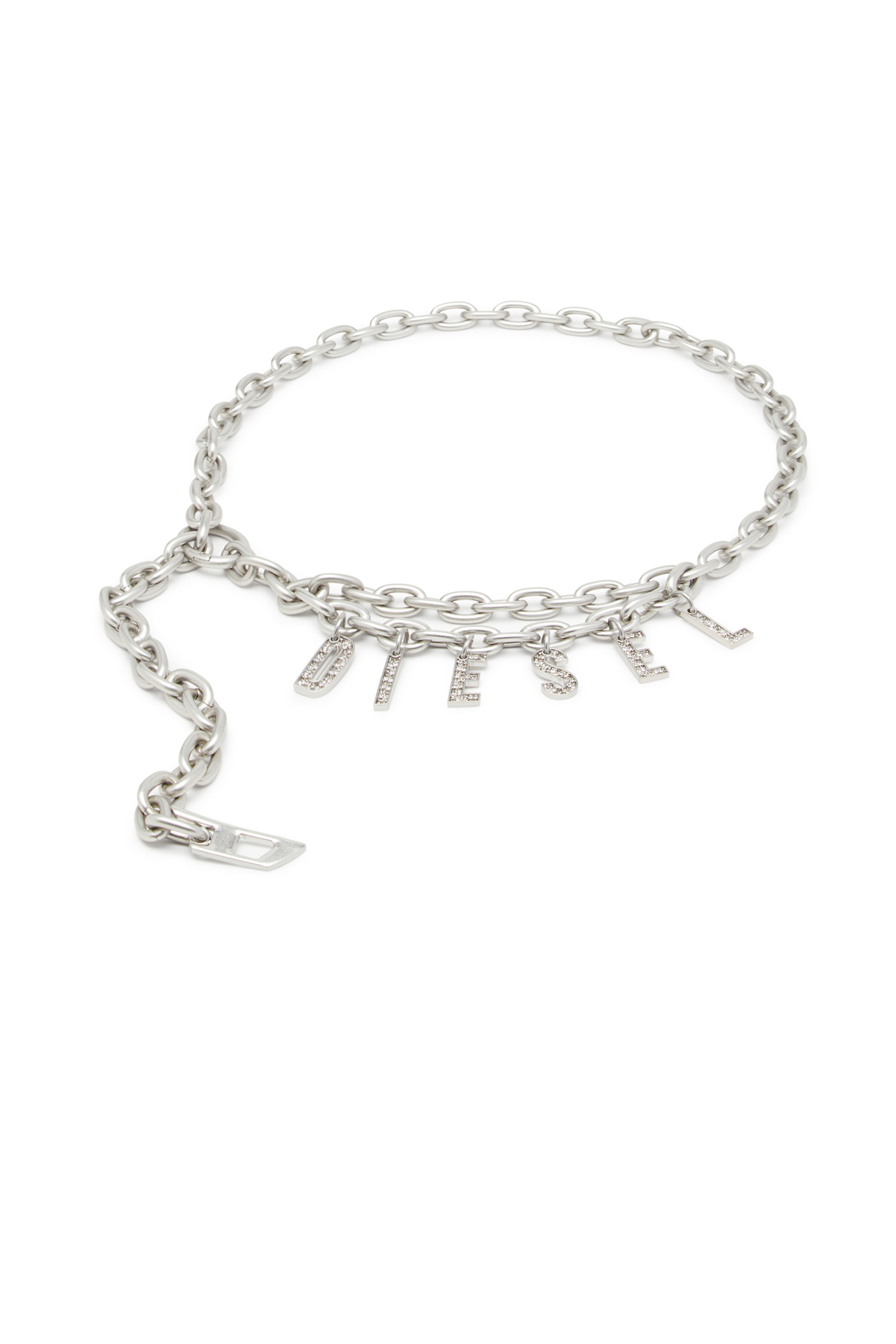 Diesel - B-CHARM CHAIN, Woman's 1cm chain belt with crystal logo charm in Silver - 1
