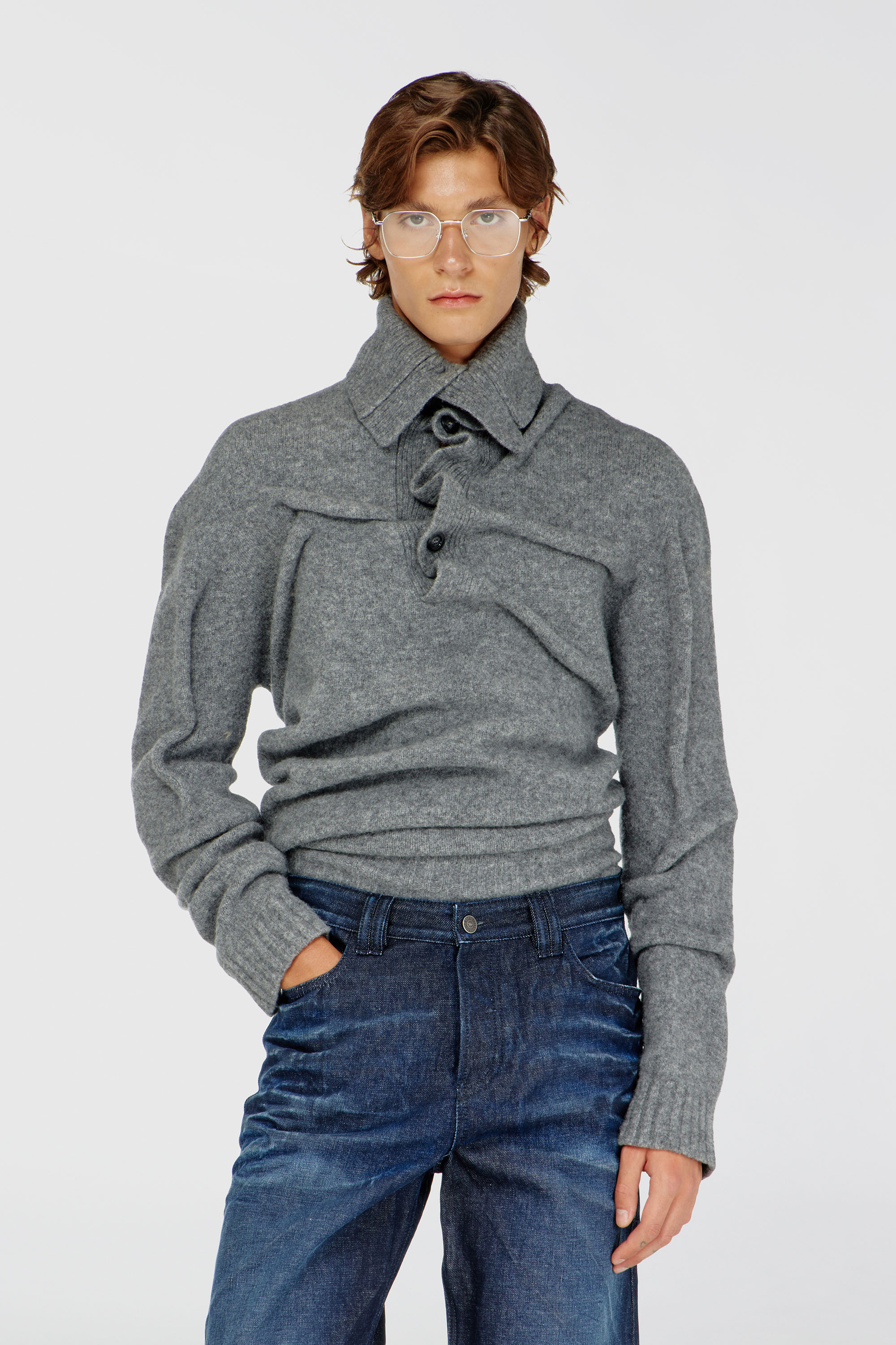 Diesel - K-ANDREW, Man's Button-neck jumper in wrinkled boiled knit in Grey - 2