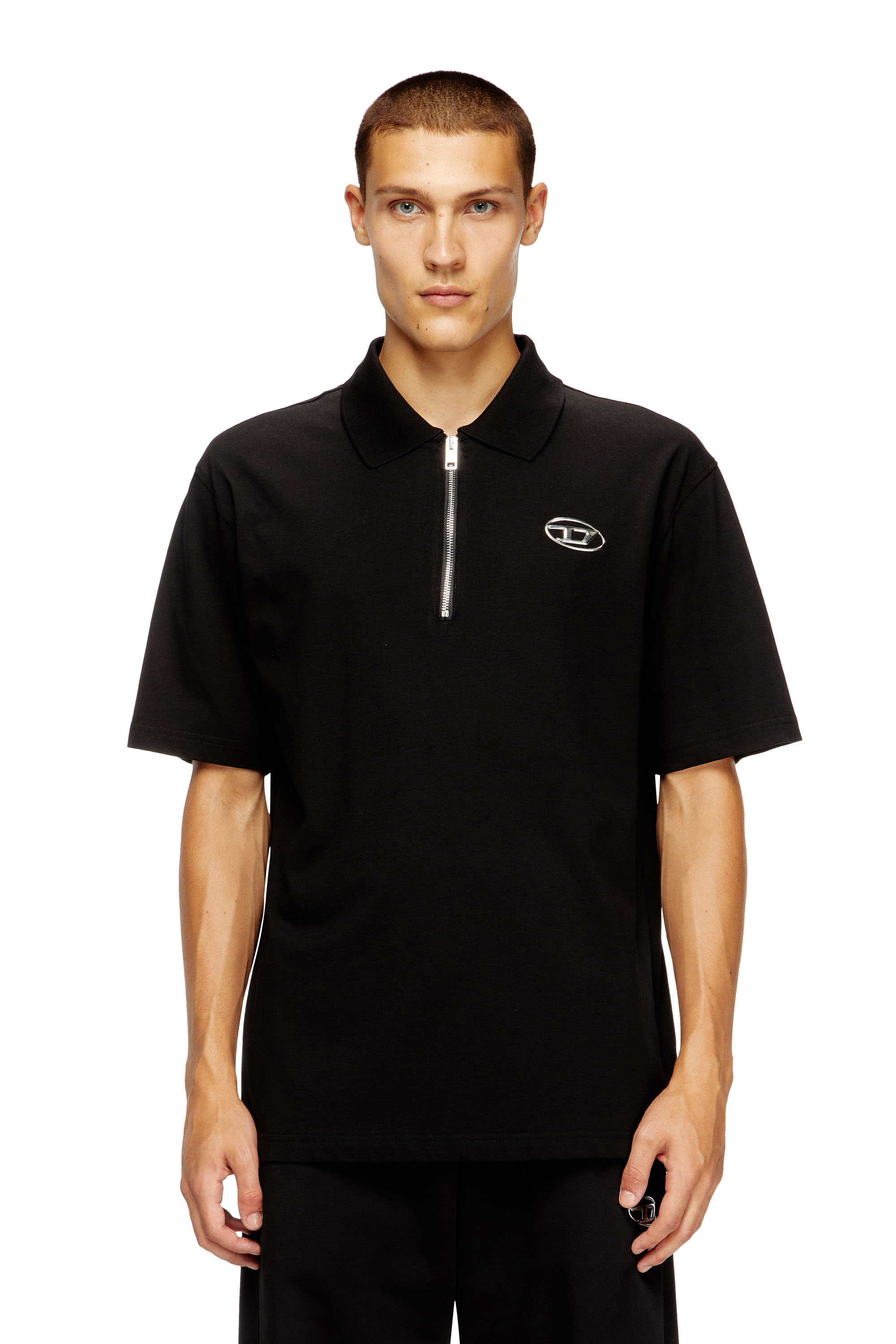 Diesel - T-VOR-OD, Man's Zip front polo shirt with laser cut Oval D in Black - 3