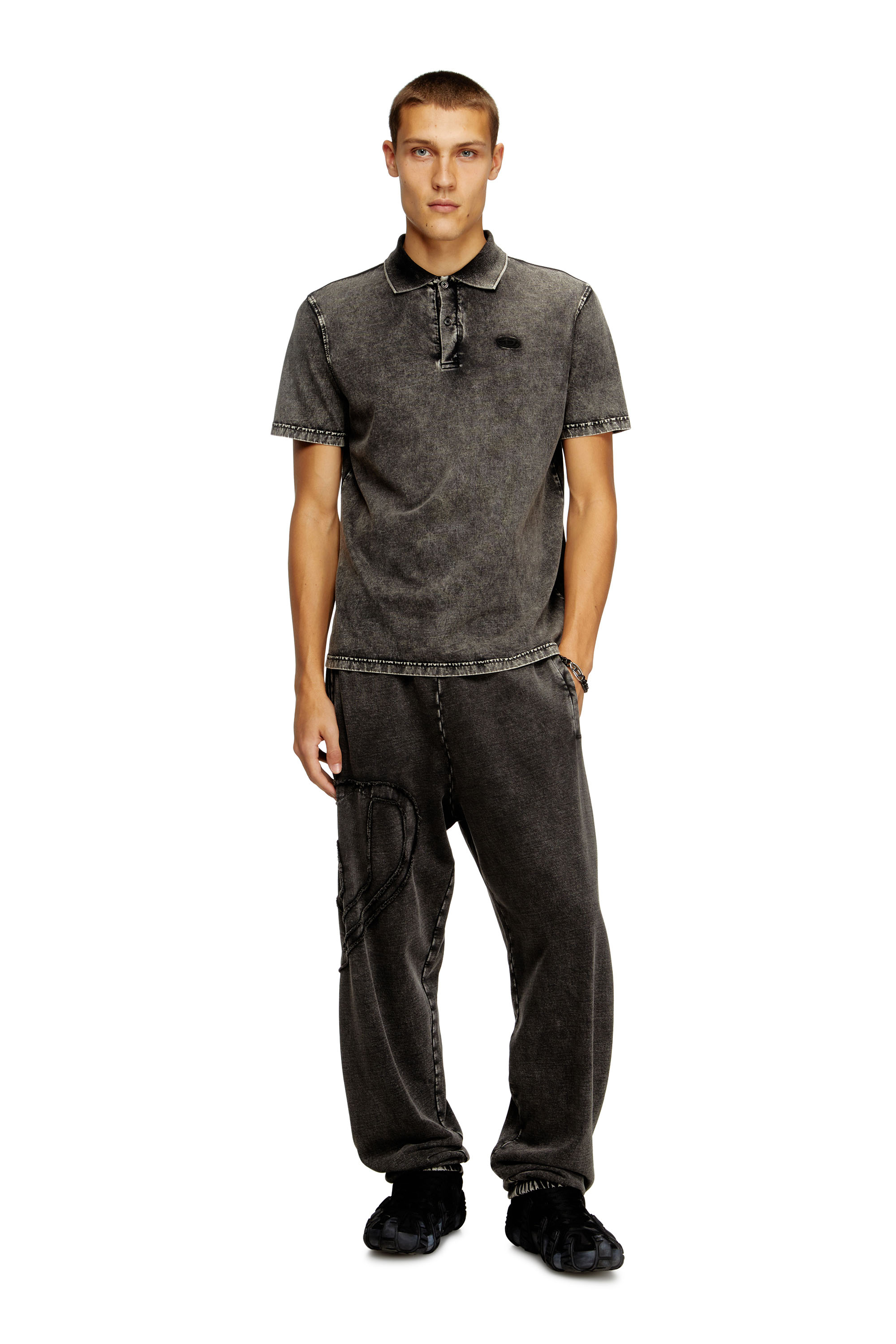Diesel - T-REJUST-NC-DEN, Man's Polo shirt in denim-effect jersey in Dark grey - 3