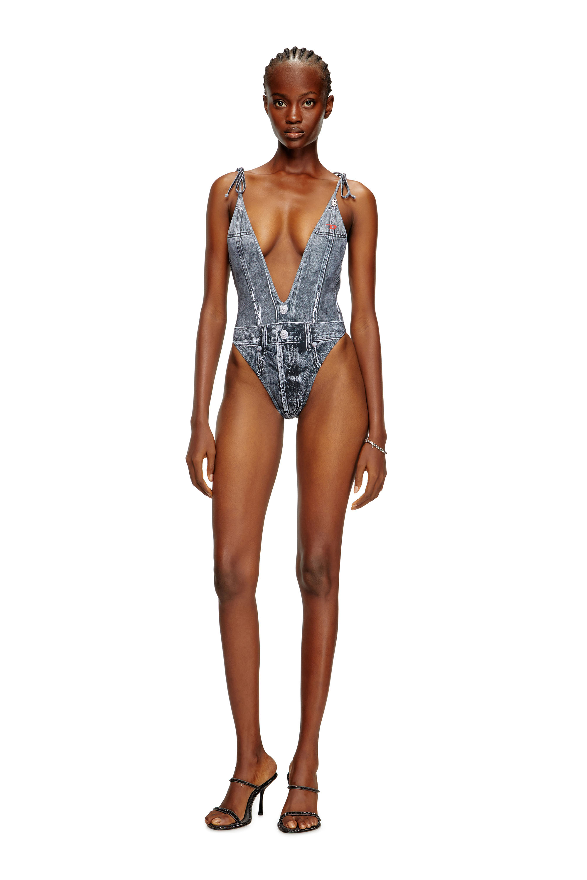 Diesel - KINSLEY-DNM, Woman's Plunging swimsuit with denim trompe l'oeil in Blue - 2