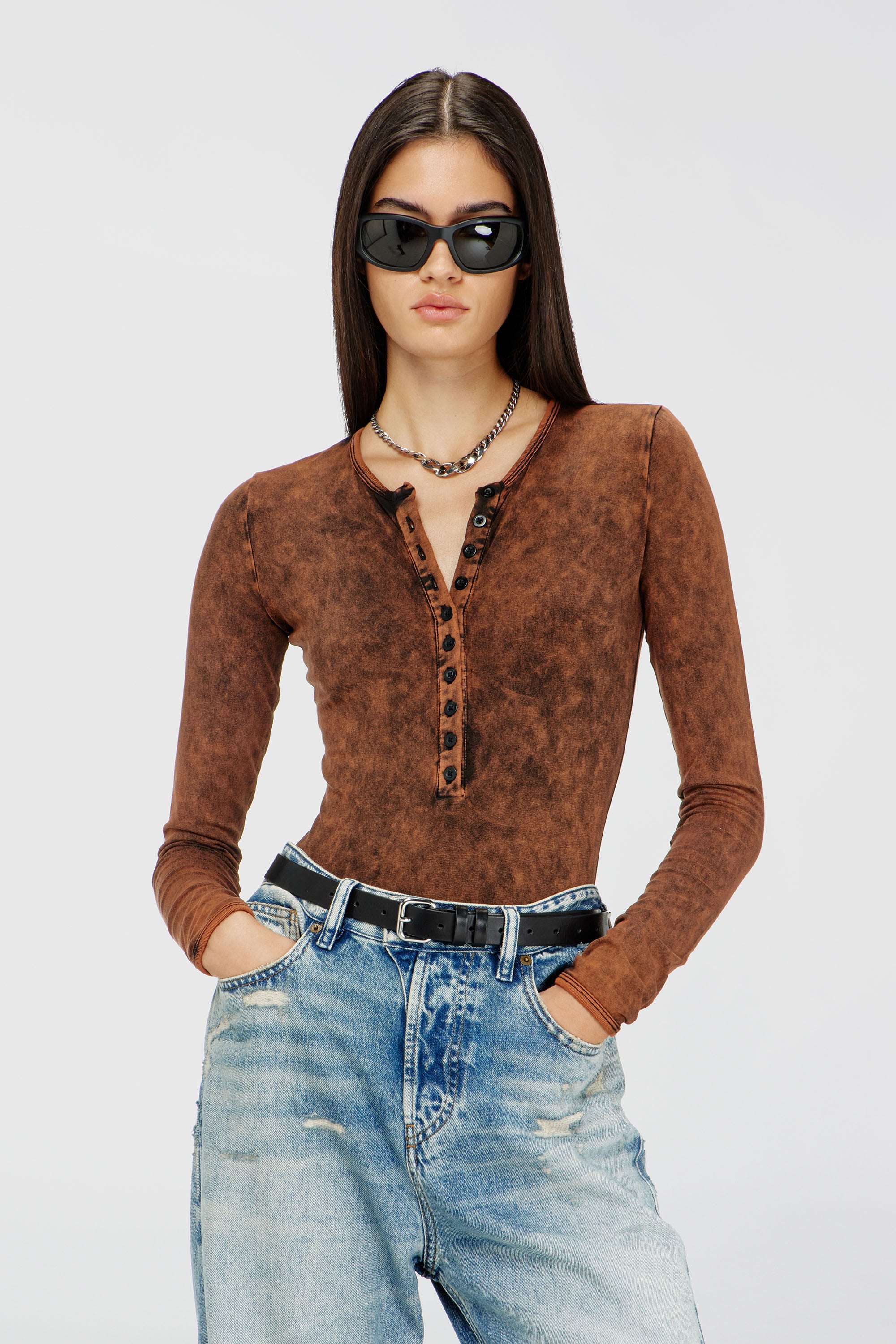 Diesel - FRESYA-DNM, Woman's Cotton bodysuit with buttoned front in Brown - 1