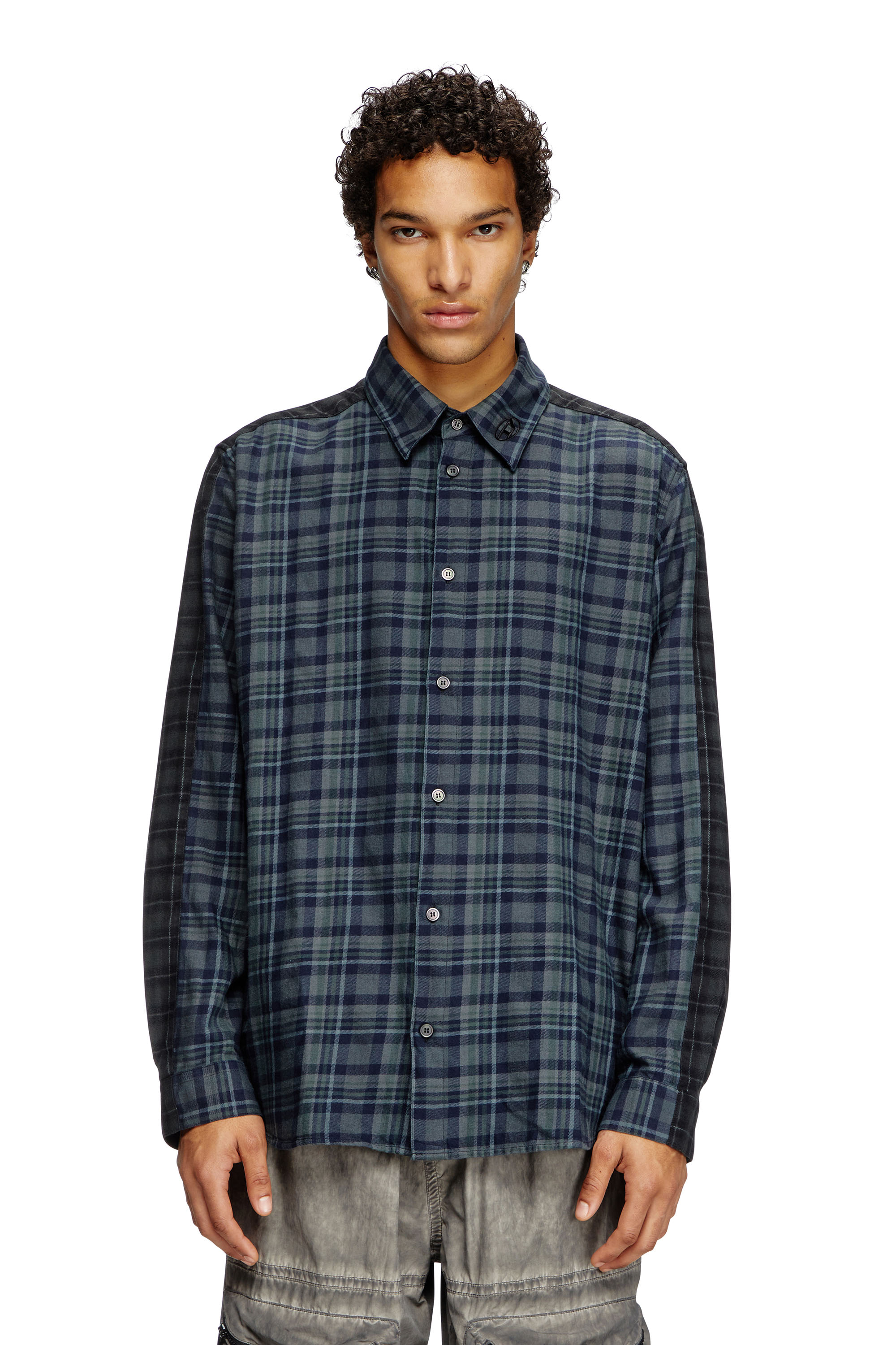 Diesel - S-SIMPLY-CHECK, Man's Spliced check flannel shirt in Black/Blue - 1