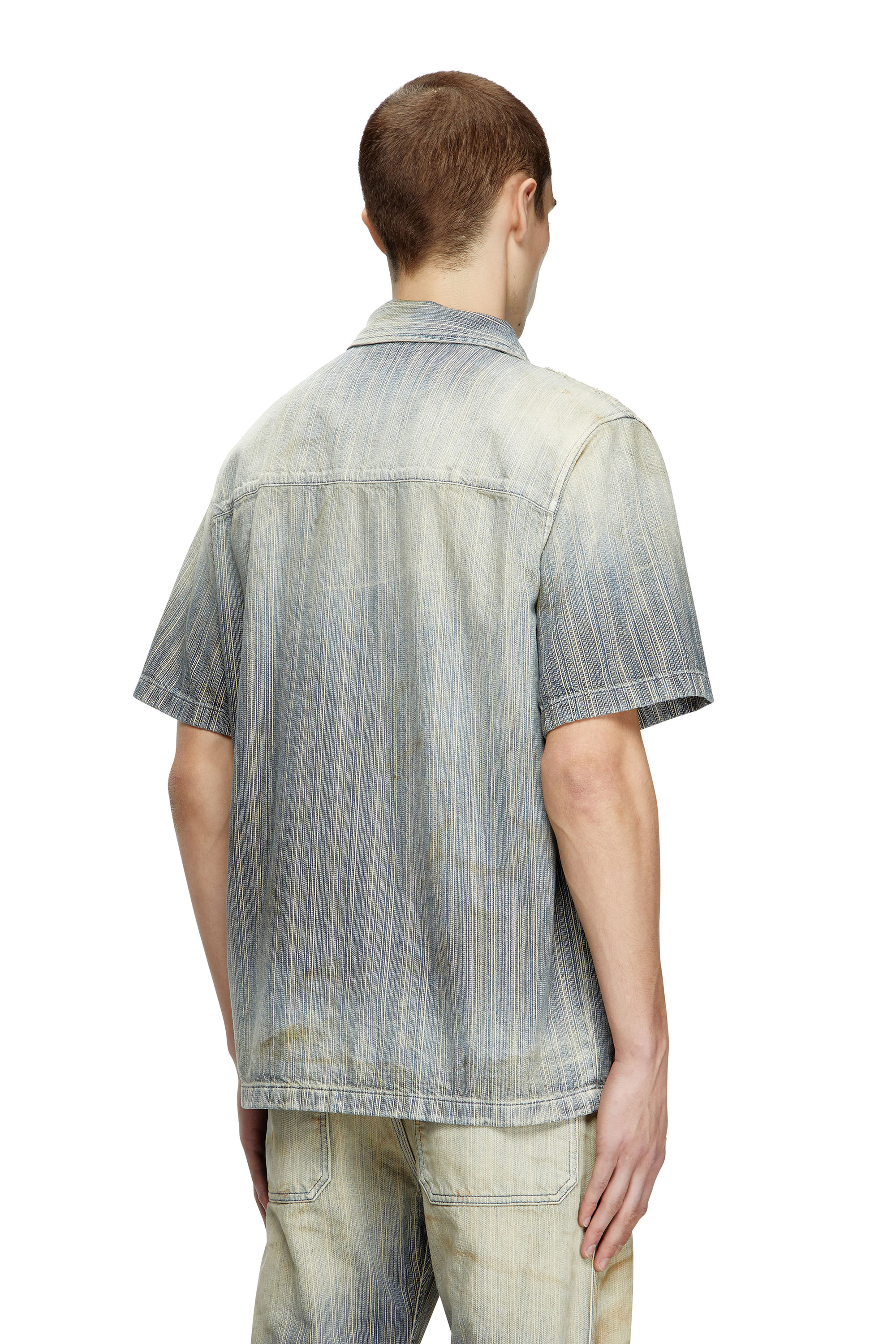 Diesel - D-NABIL-D, Man's Bowling shirt in striped indigo denim in Medium blue - 4