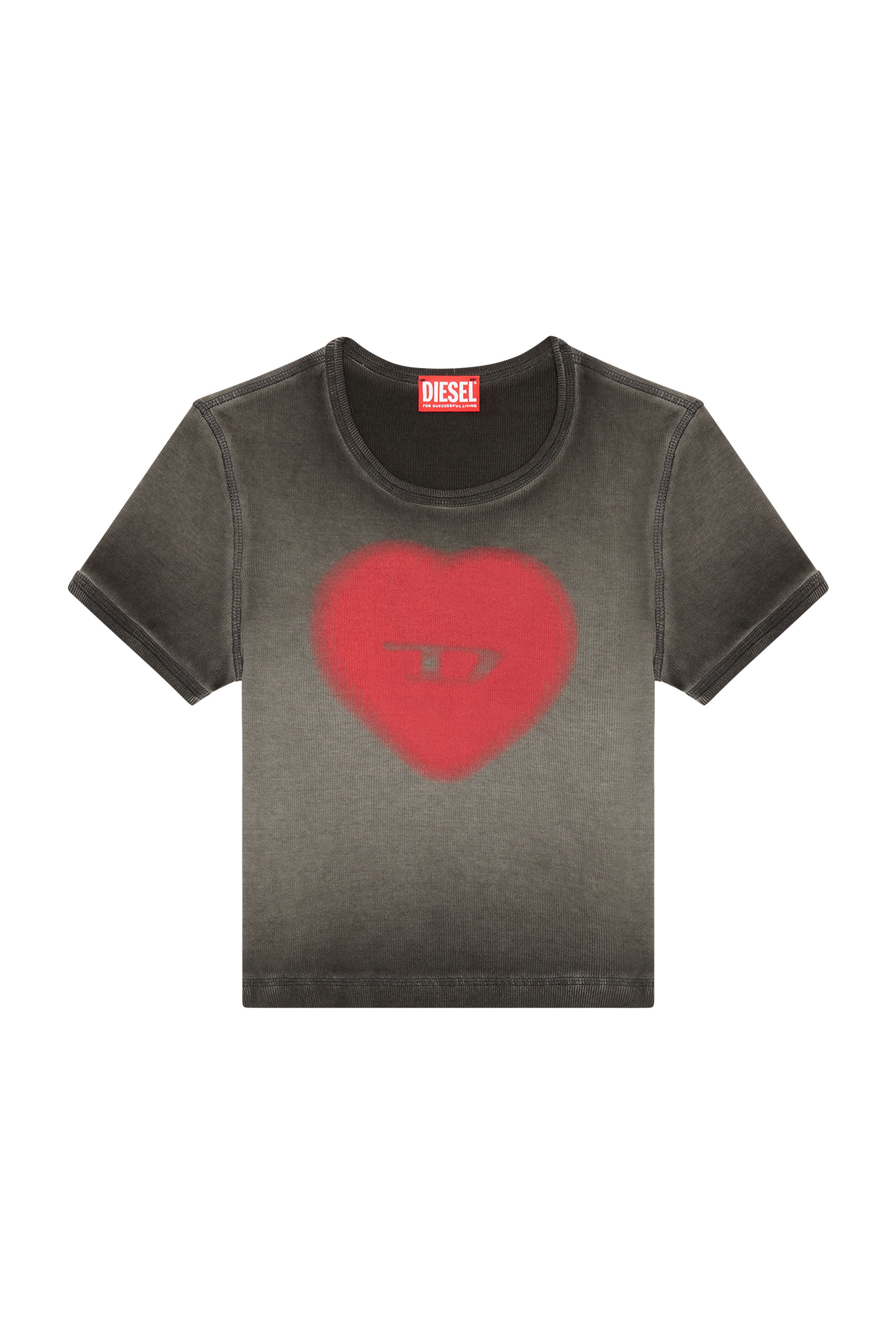 Diesel - T-ELE, Woman's Ribbed T-shirt with watercolour heart D in Black - 3