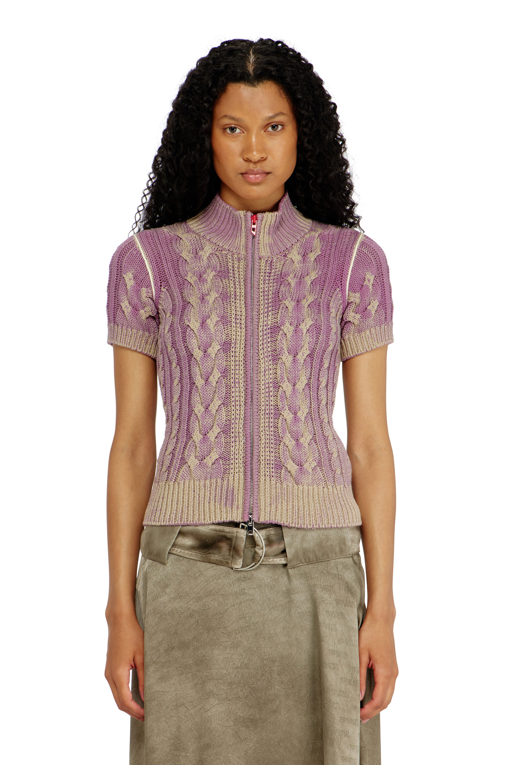 Diesel - M-ELANA, Woman's Short-sleeve zip cardigan in cable knit in Beige/Violet - 1