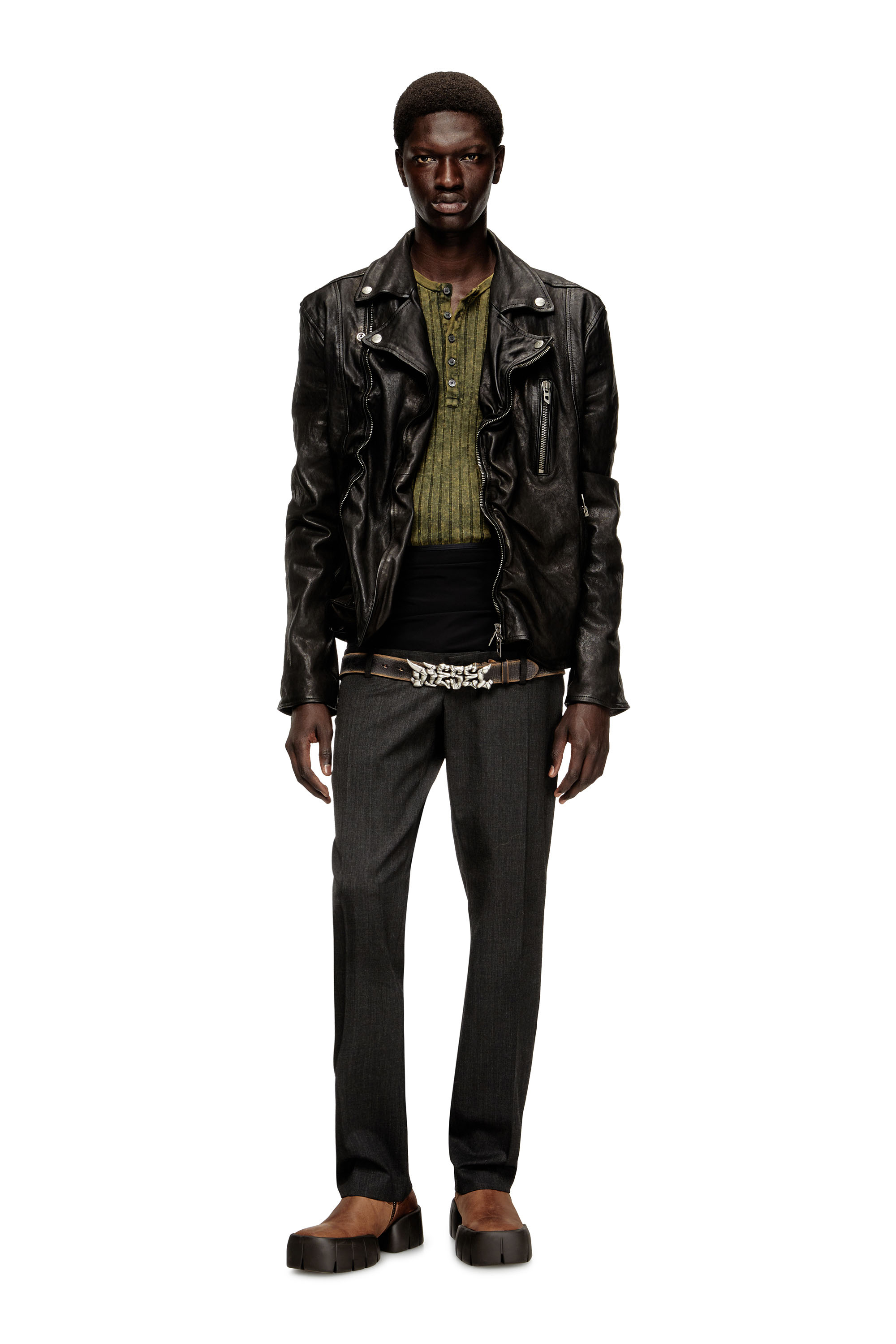 Diesel - T-ALLY, Man's Henley top in treated wide-rib jersey in Green - 1