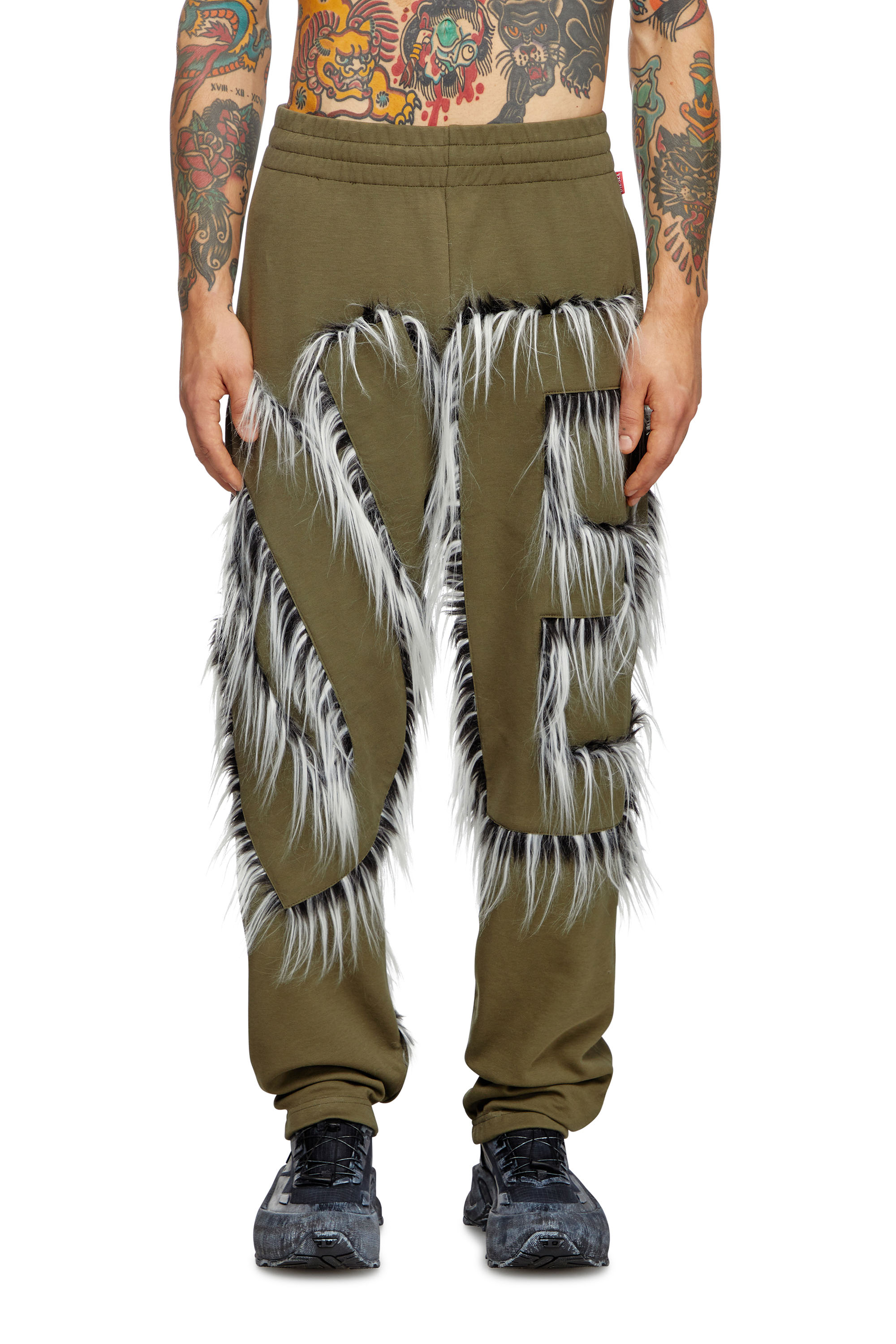 Diesel - P-BIMY-FUR, Man's Track pants with hairy-trim logo in Military Green - 1