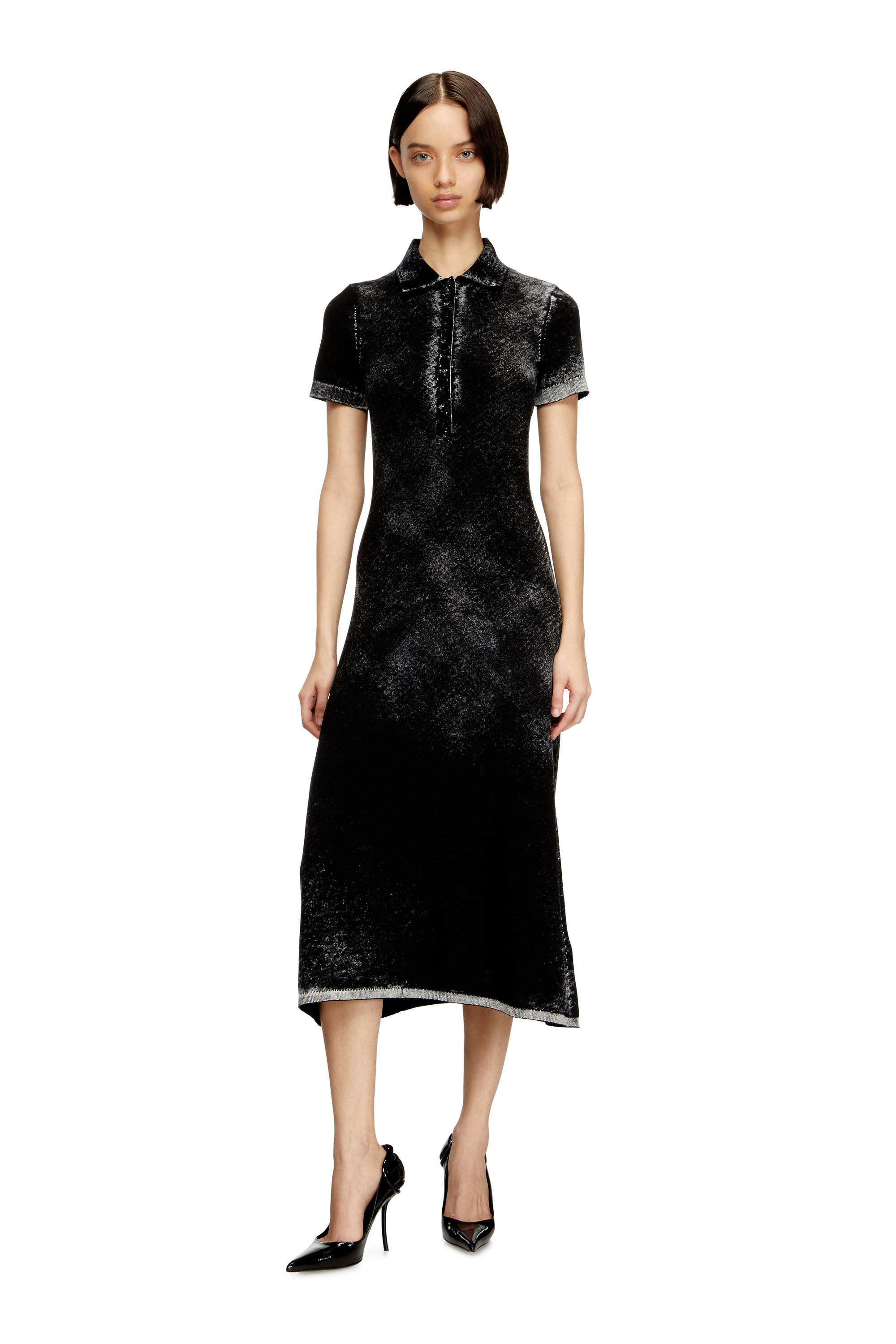 Diesel - M-LOURENS, Woman's Midi polo dress in reverse-printed knit in Black - 1