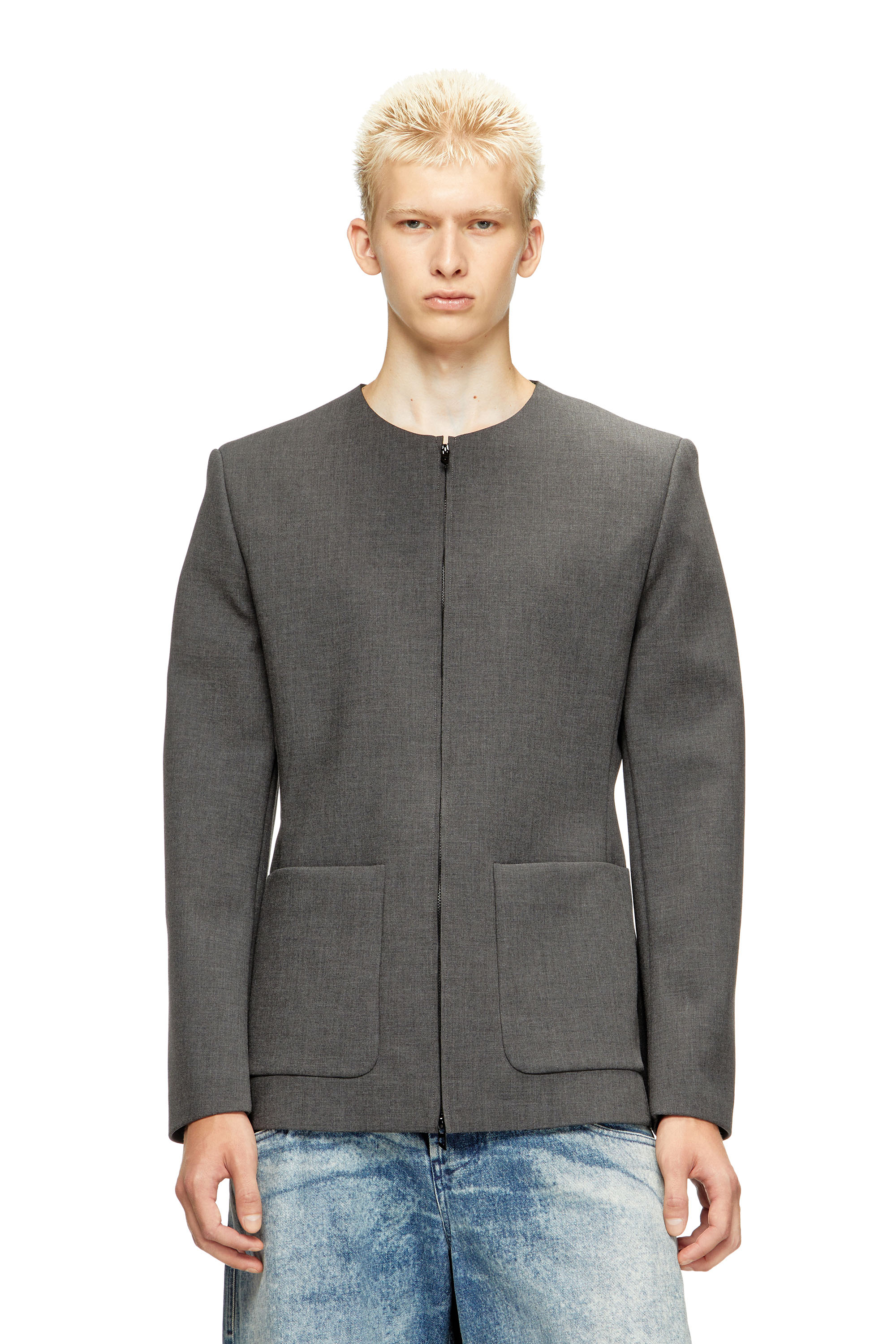 Diesel - J-CESAR-NEO, Man's Collarless jacket in neoprene-bonded fabric in Grey - 3