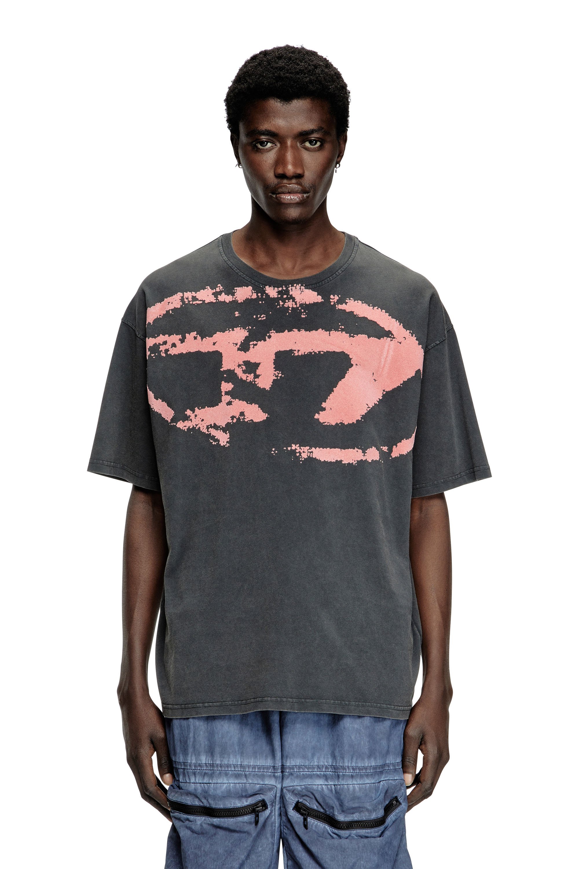 Diesel - T-BOXT-R21, Man's Acid-wash T-shirt with flocked Oval D logo in Black - 1