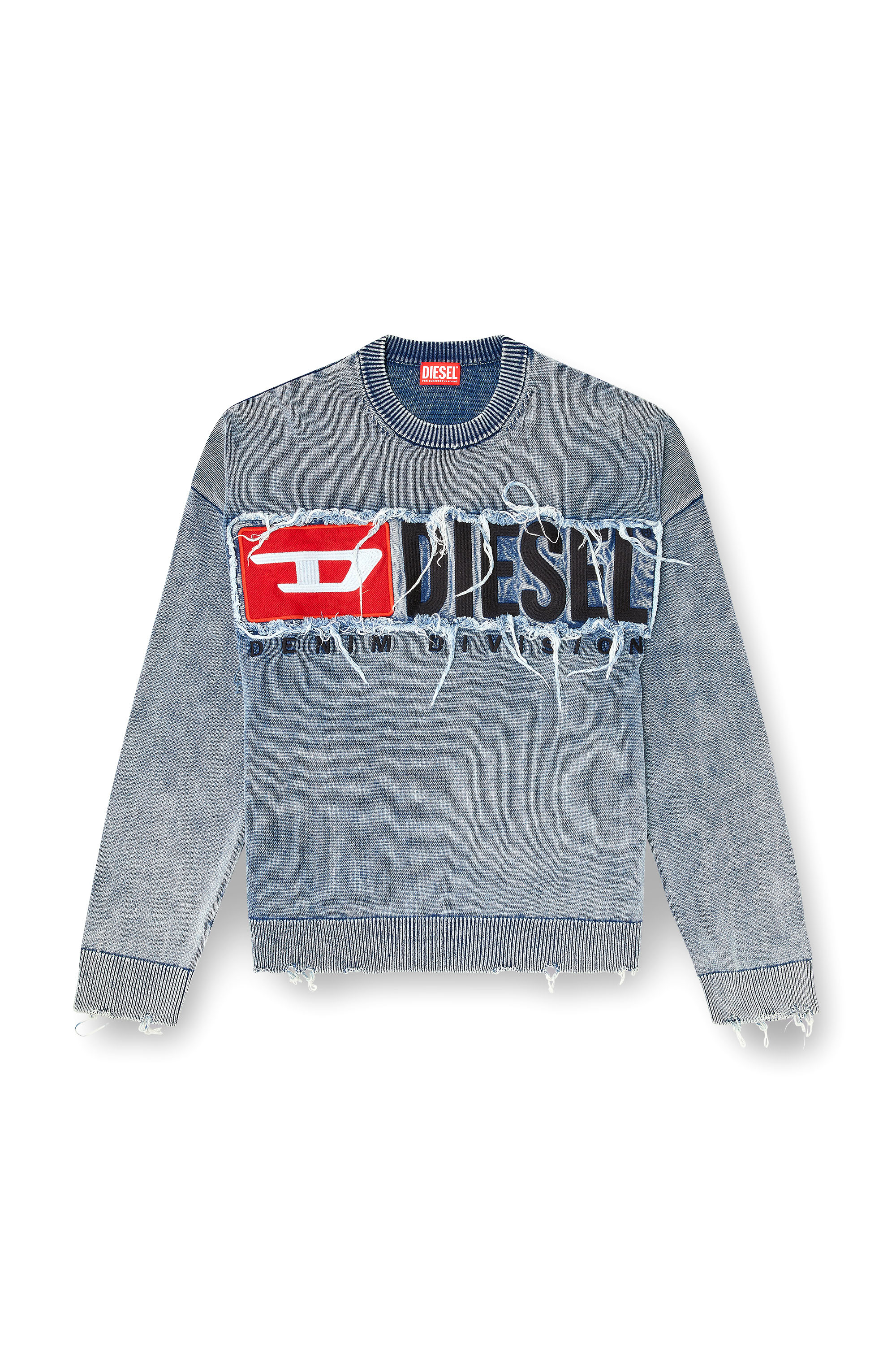 Diesel - K-FRONZI, Man's Cotton jumper with denim logo patch in Blue - 2