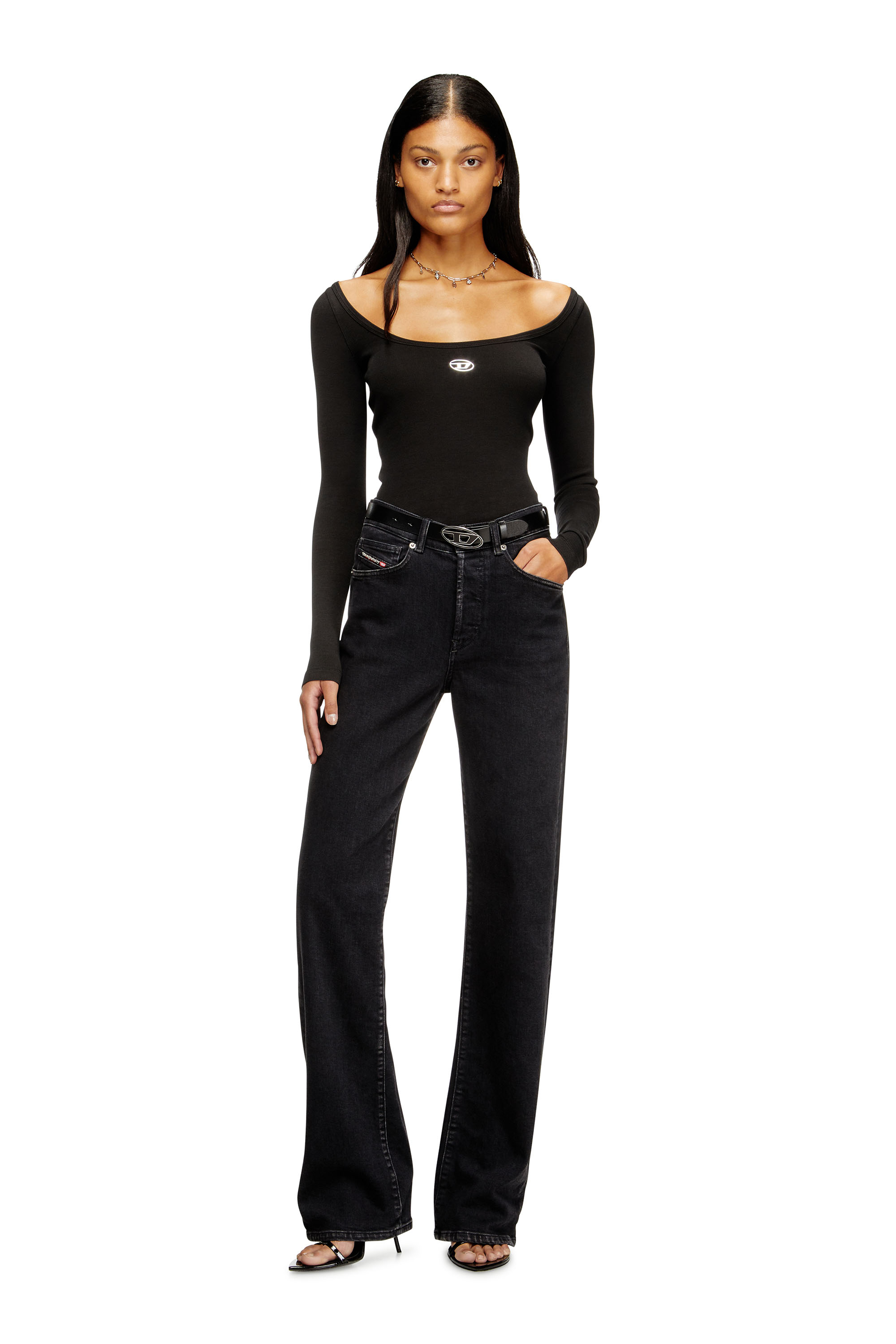 Diesel - T-BAL-OD, Woman's Long sleeve ribbed top with metallic Oval D in Black - 1
