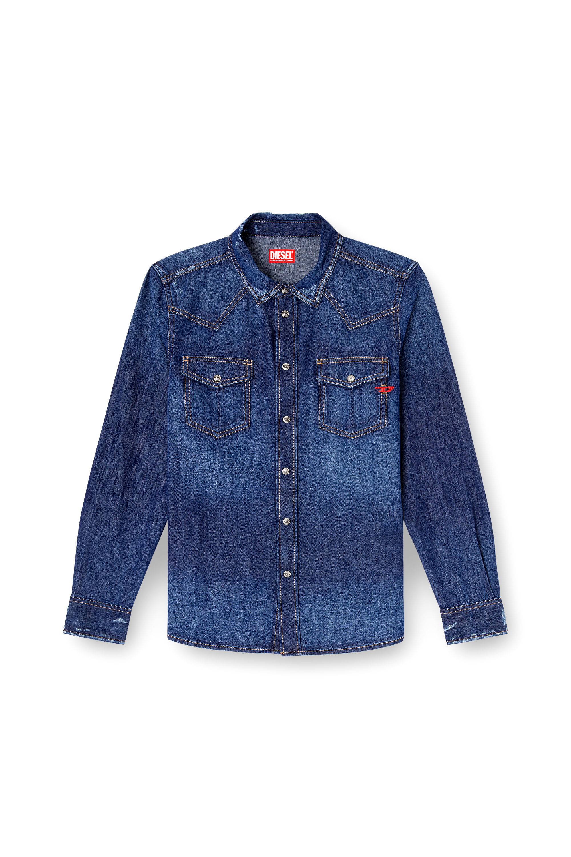 Diesel - D-VEGA, Man's Denim shirt with patch pockets in Blue - 3