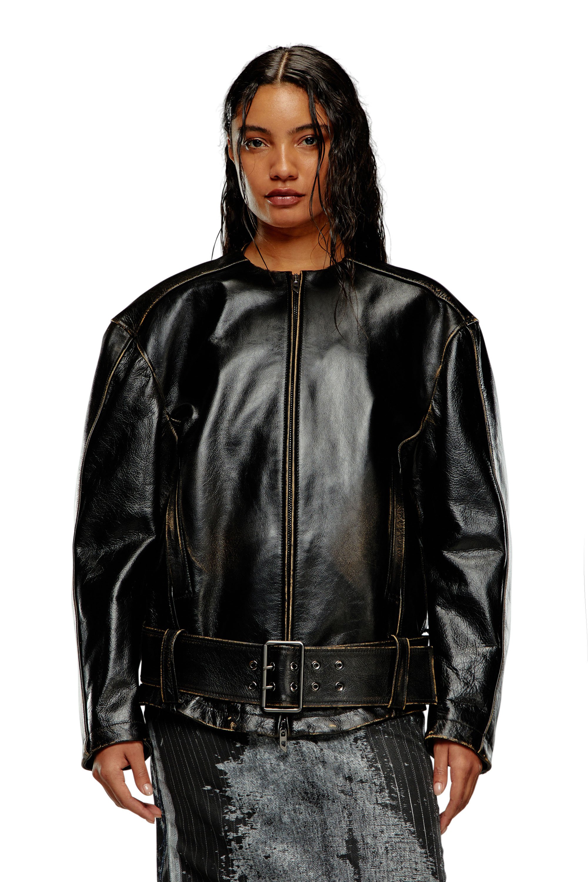 Diesel - L-MARGY, Woman Oversized biker jacket in brushed leather in Black - Image 5