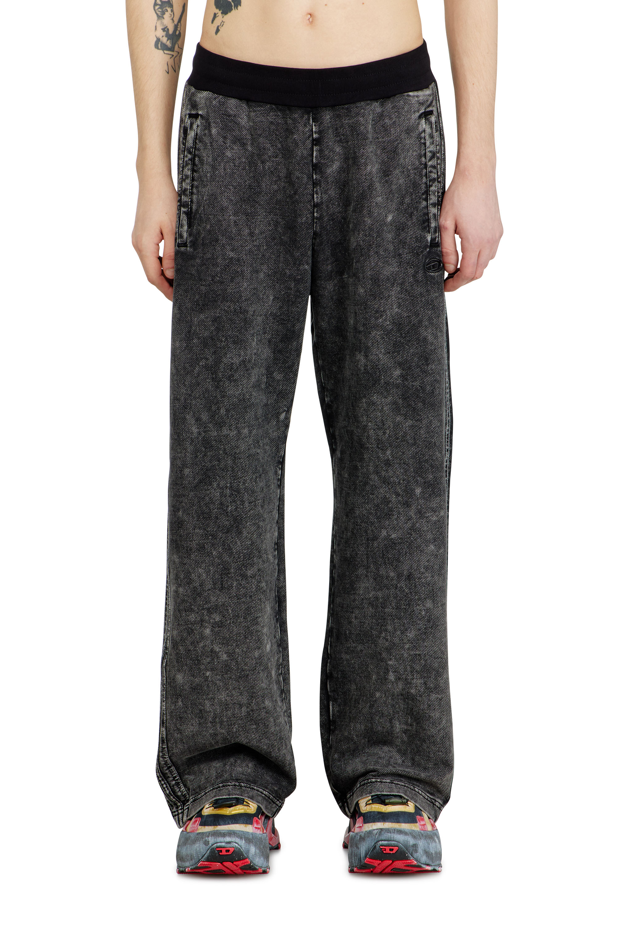 Diesel - P-ALT, Man's Denim-look sweatpants with side bands in Black/Dark grey - 1