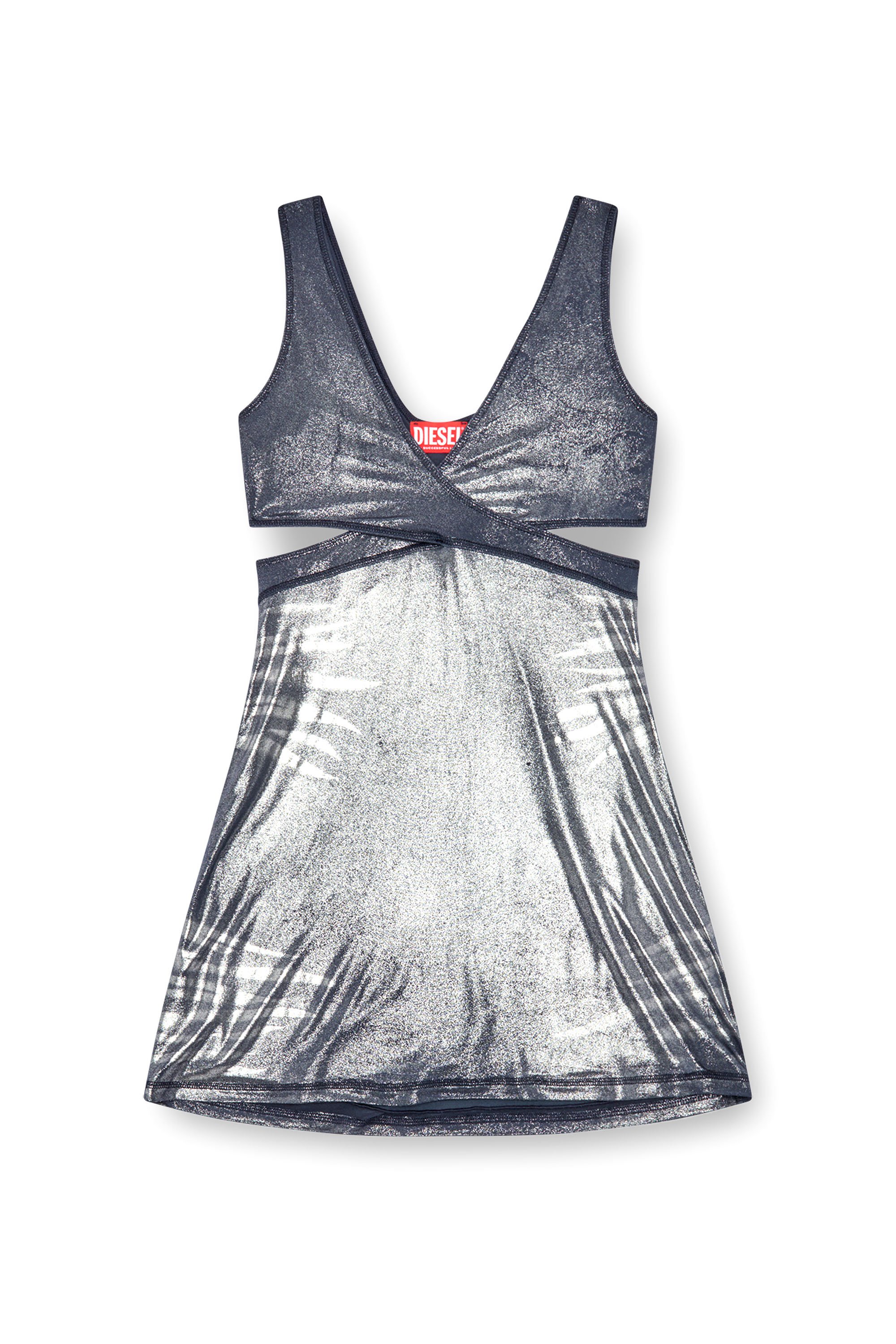 Diesel - D-FARFY, Woman's Short cut-out dress in metallic jersey in Blue/Grey - 4