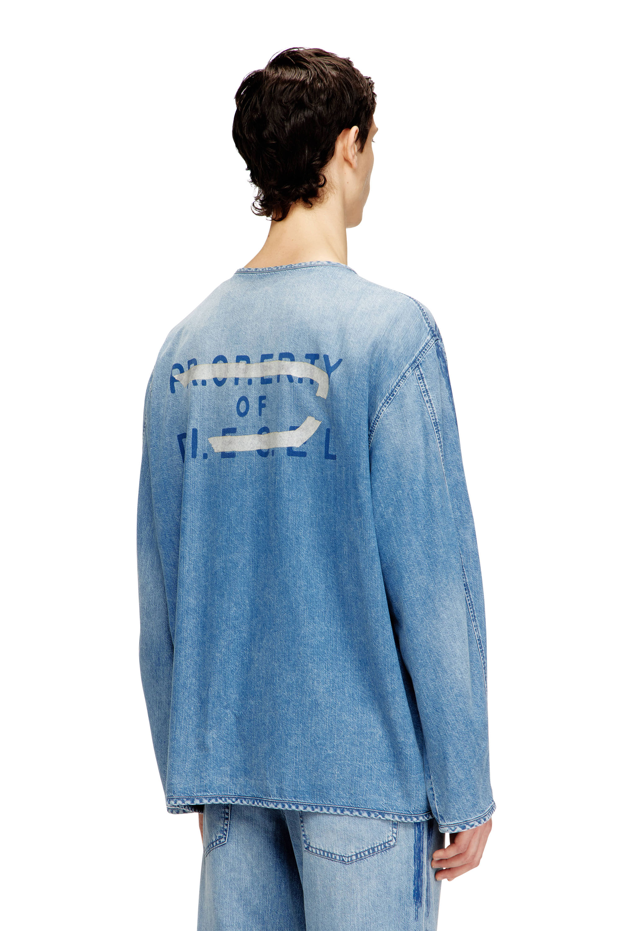 Diesel - D-CADI-S, Man's V-neck shirt in fluid denim with stripes in Light Blue - 4