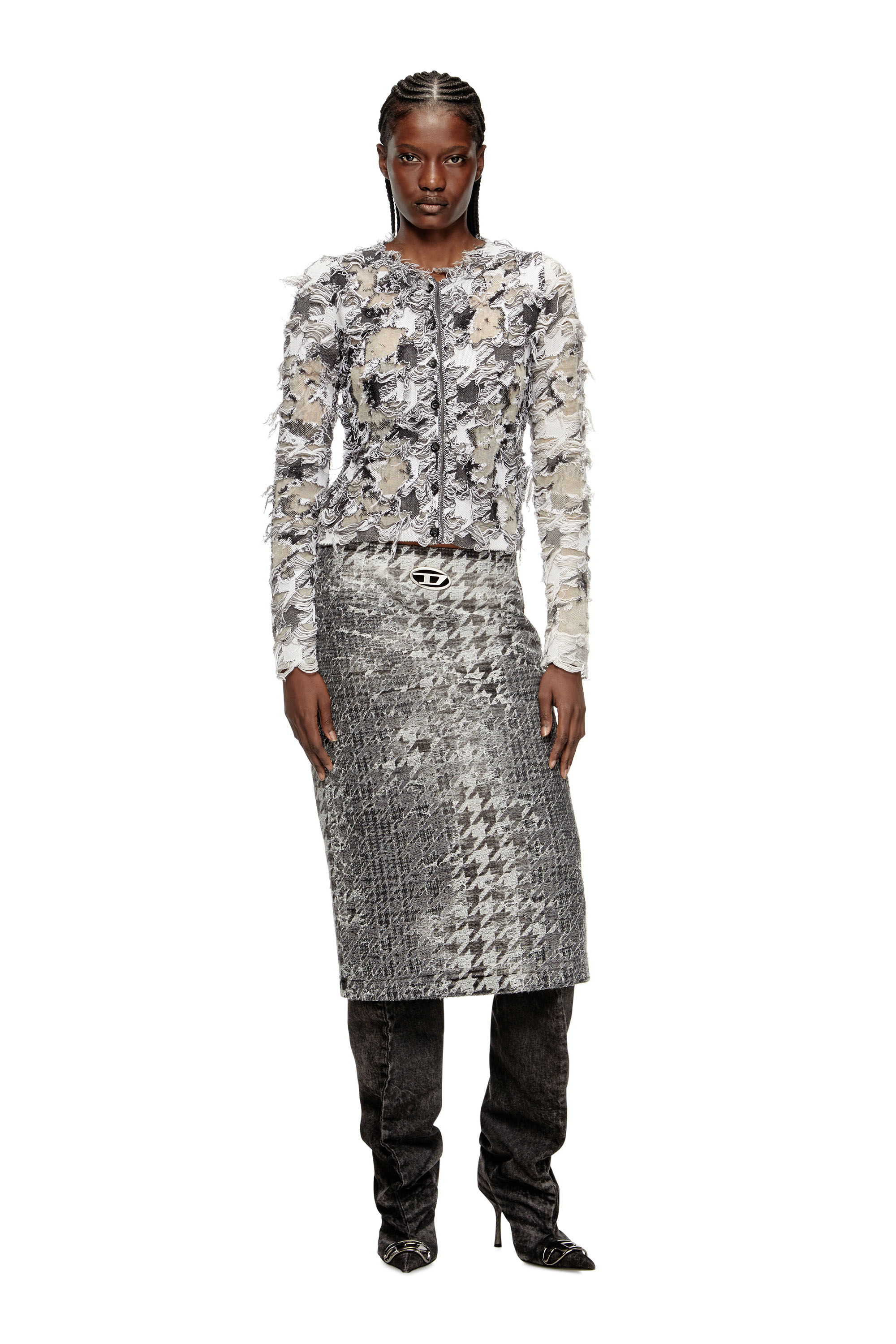 Diesel - M-SIBYLLA, Woman's Cardigan in devoré houndstooth jacquard in Grey/White - 2